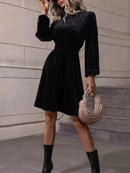 Hazel Blues® |  Velvet High Neck Long Sleeve A-Line Dress