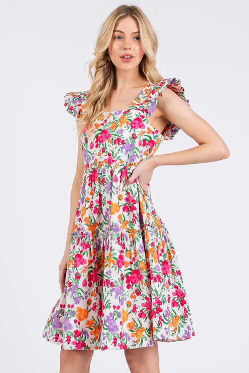 Hazel Blues® |  Mittoshop Flower Print Ruffle Shoulder A-line Mini Dress