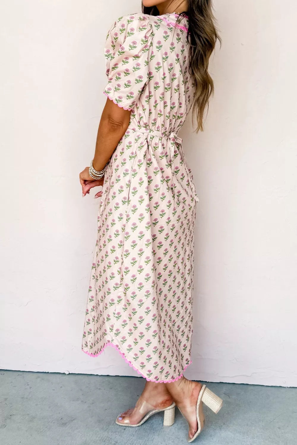 Hazel Blues® |  Floral Print V Neck Scallop Trim Button Front Short Sleeve Dress