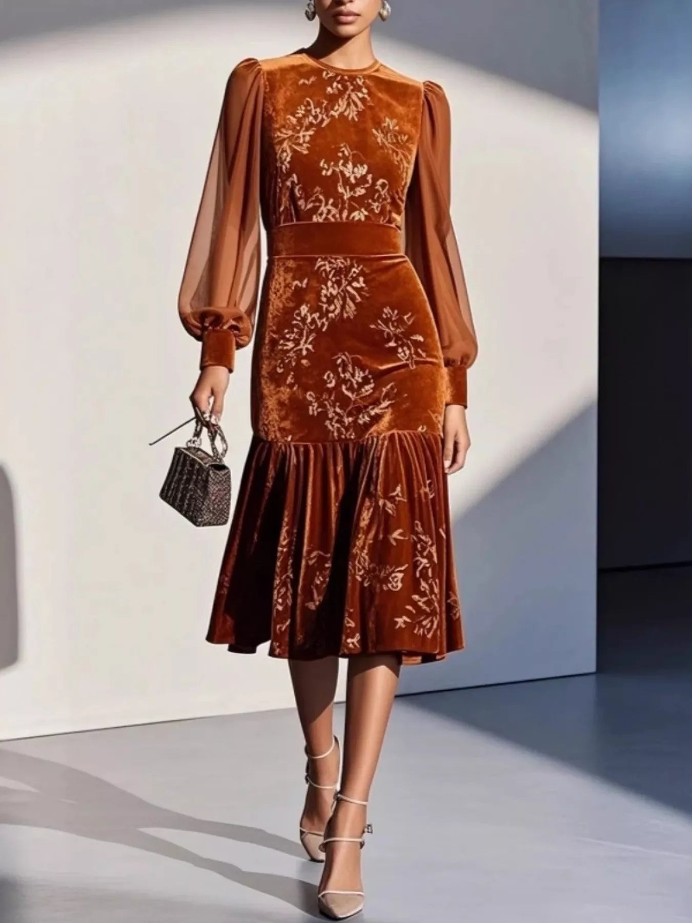Hazel Blues® |  Velvet Floral Lantern Sleeve Midi Dress