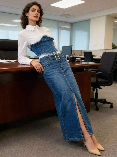 Hazel Blues® |  Frayed Denim Patchwork Top & Slit Maxi Skirt Denim Set