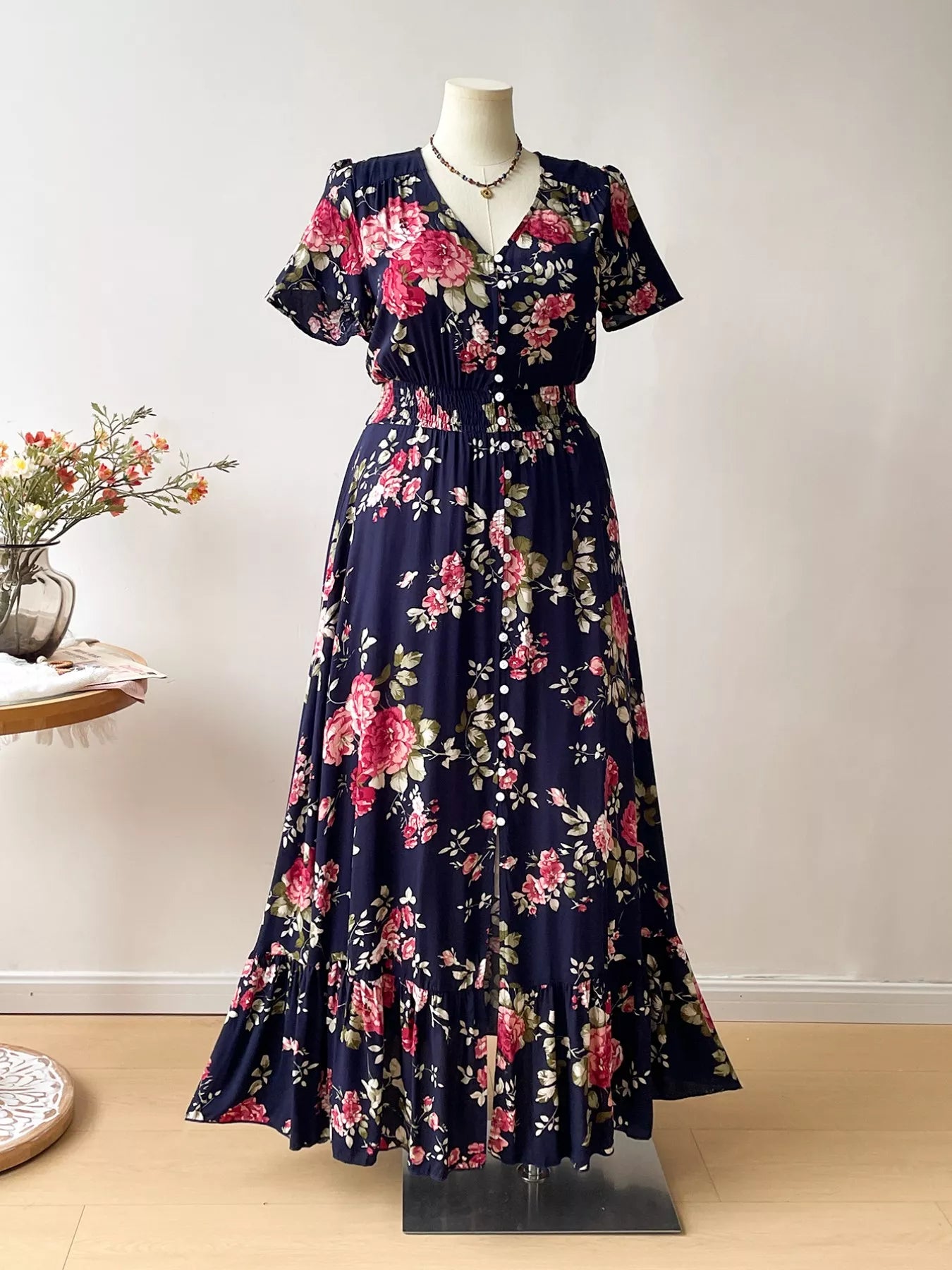 Hazel Blues® | Floral Print Short Sleeves V-Neck Dress