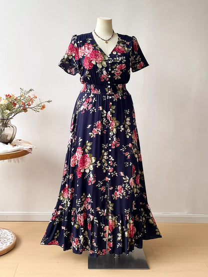 Hazel Blues® | Floral Print Short Sleeves V-Neck Dress