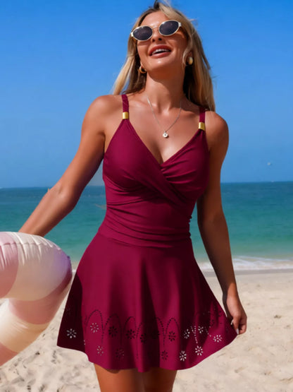 Hazel Blues® | Crossover Ruched One-Piece Swim Dress