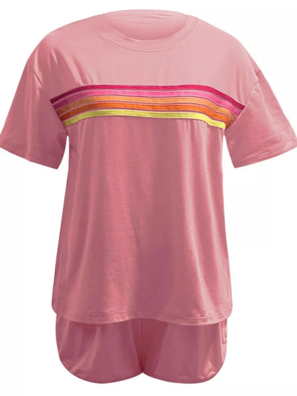 Hazel Blues® |  Rainbow Striped Round Neck Top and Shorts Set