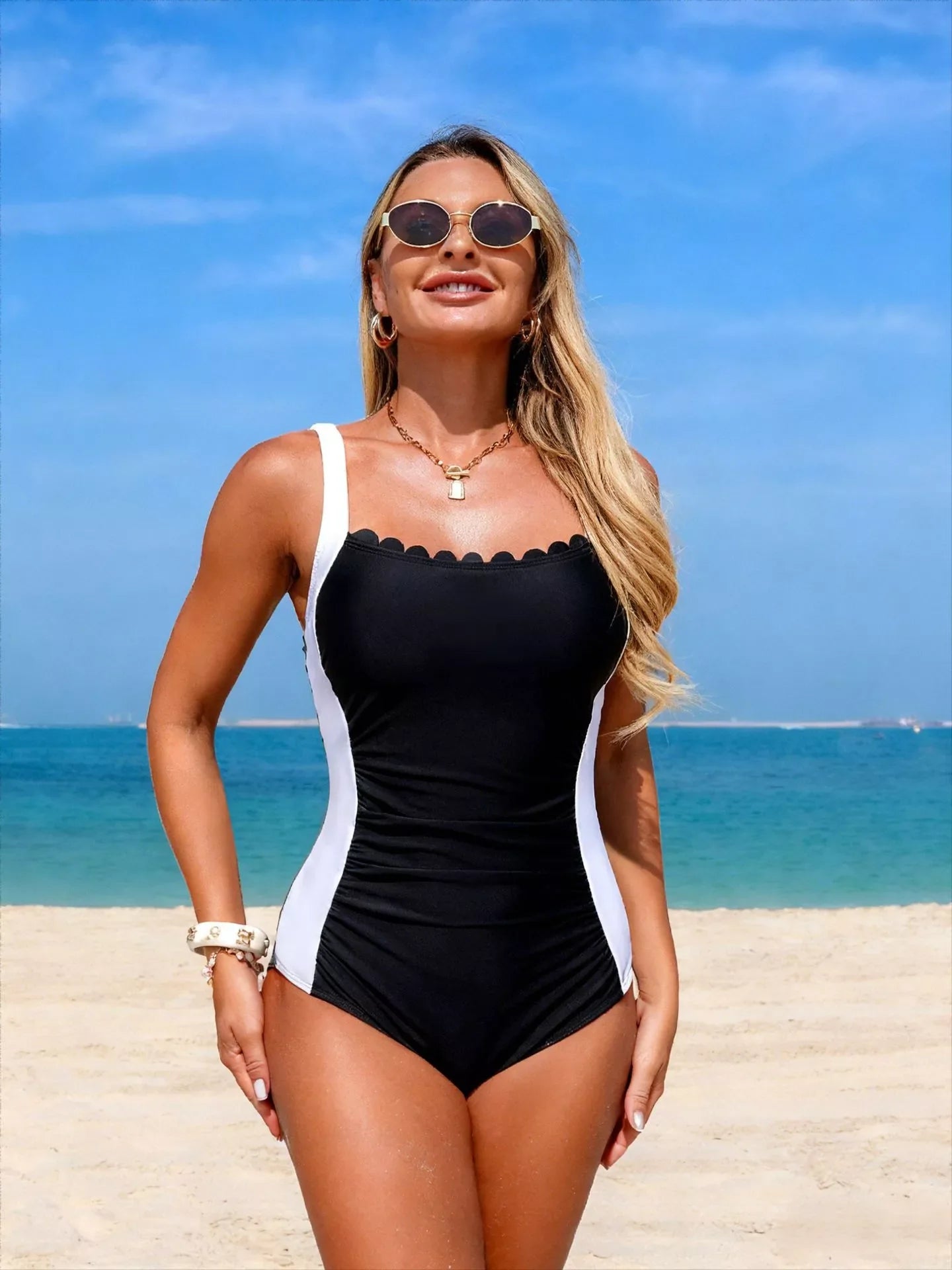 Hazel Blues® | Two-Tone Ruched One-Piece Swimsuit