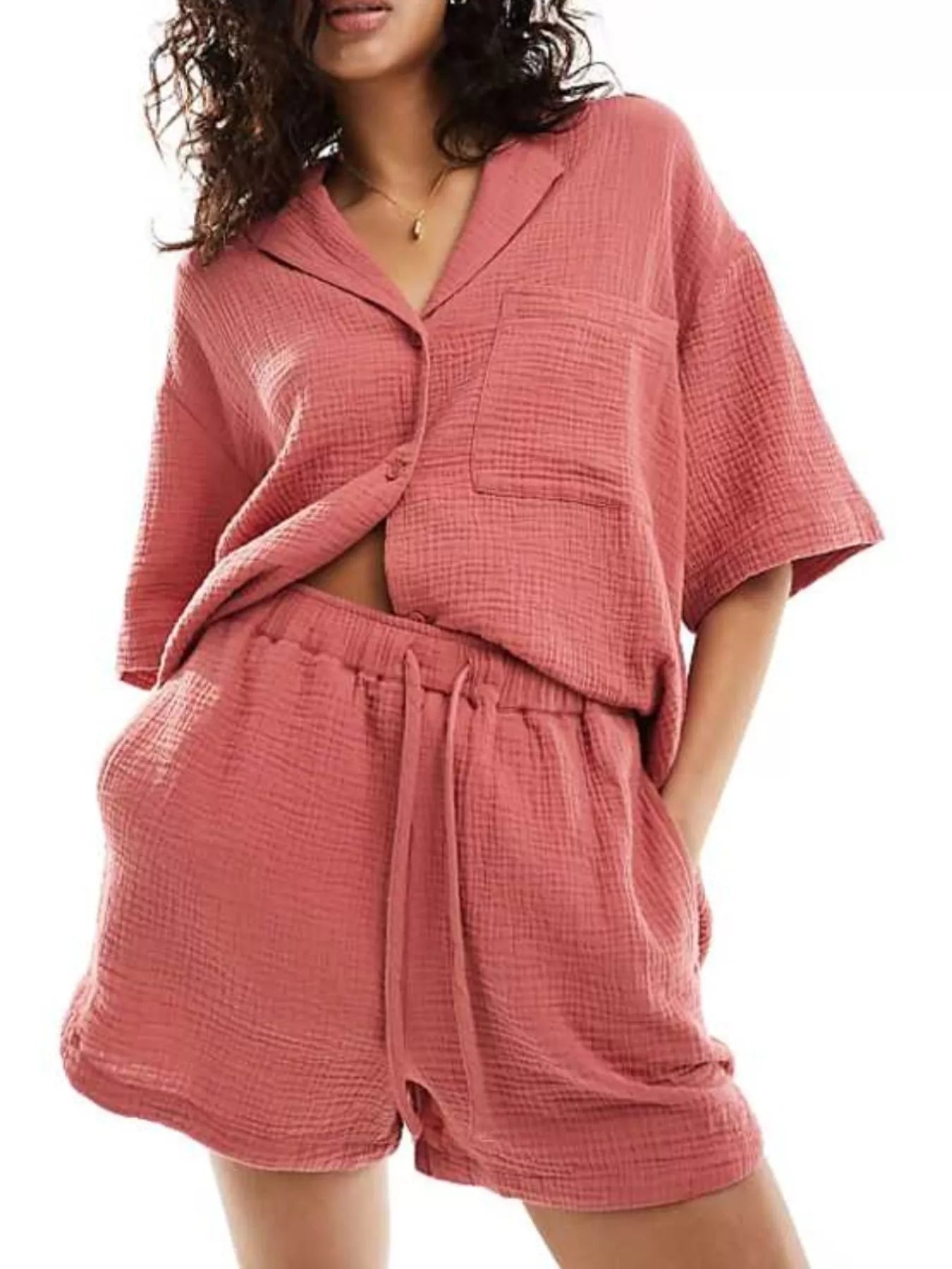 Hazel Blues® |  Relaxed Fit Button Up Shirt & Shorts Set