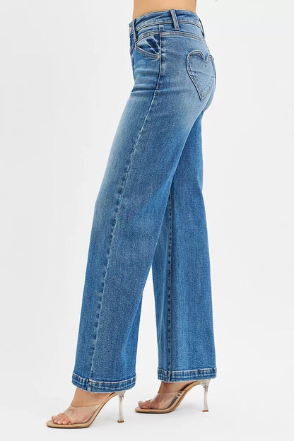 Hazel Blues® |  RISEN High Rise Wide Leg Jenas with Front Yoke and Heart Back Pocket