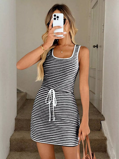 Hazel Blues® |  Striped Knitted Mini Dress with Drawstring