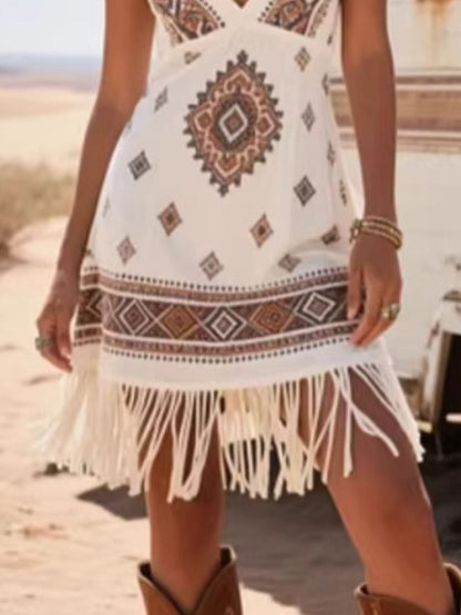 Hazel Blues® |  Fringe Trim Geometric Mini Dress