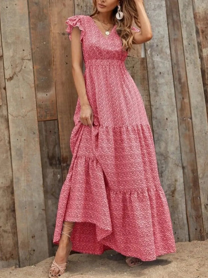 Hazel Blues® |  Printed V-Neck Ruffled Cap Sleeve Maxi Dress