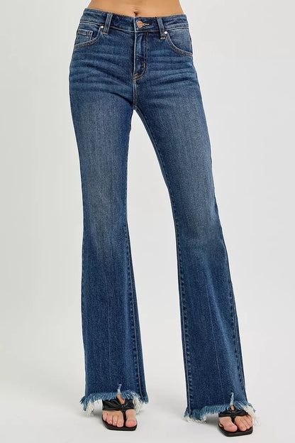Hazel Blues® | RISEN Mid Rise Flare Frayed Hem Jeans
