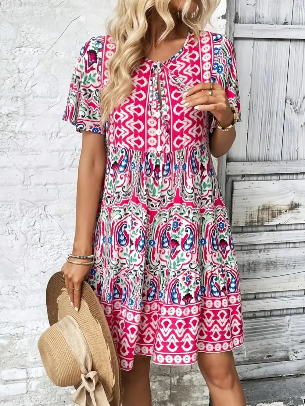 Hazel Blues® |  Printed Tie Neck Short Sleeve Dress