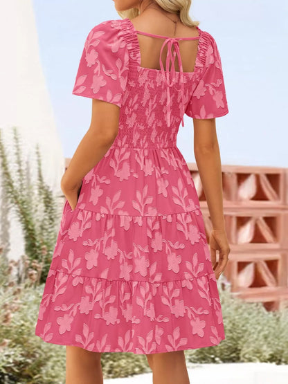 Hazel Blues® |  Smocked Square Neck Tiered Mini Dress