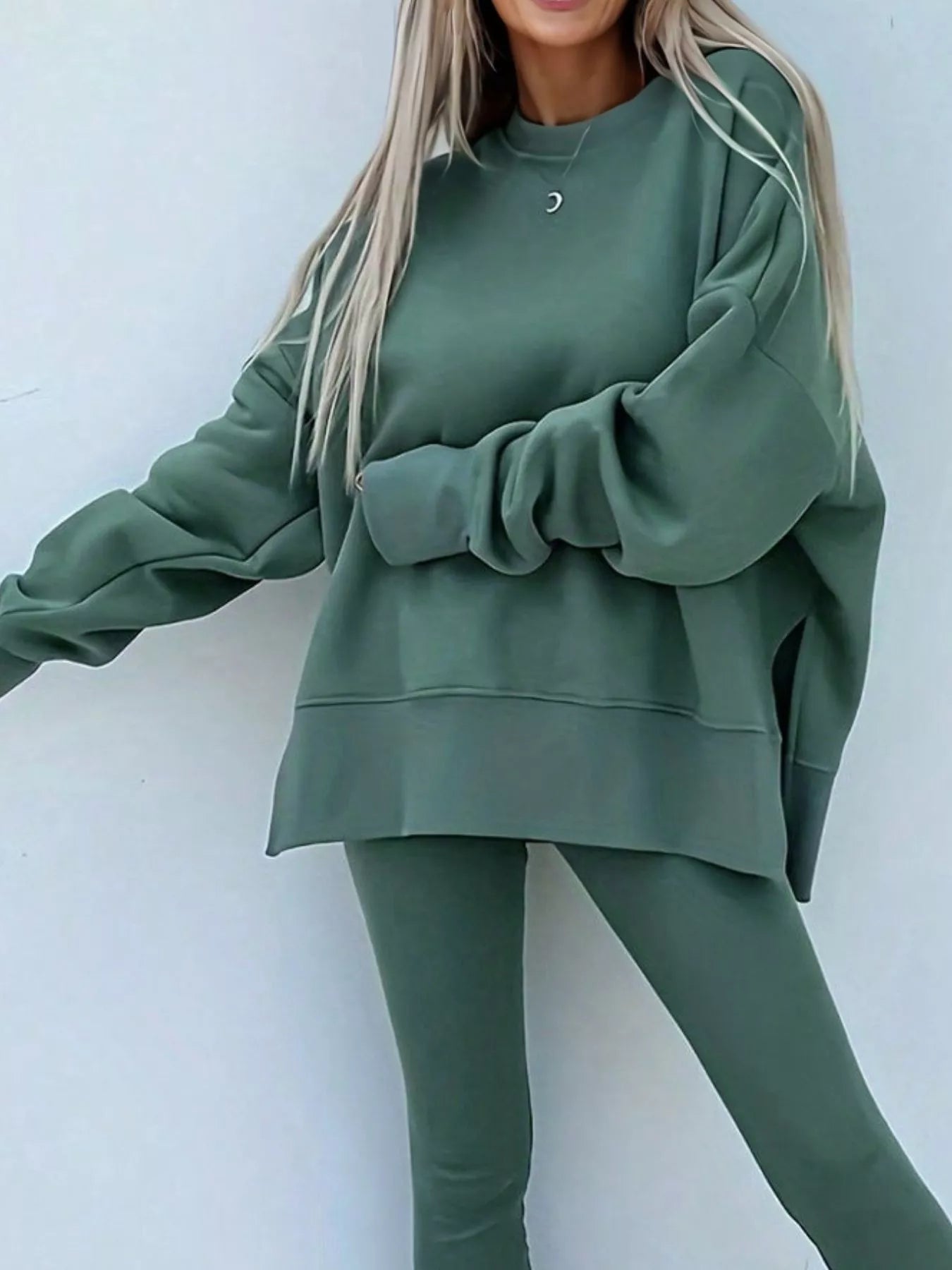 Hazel Blues® |  Solid Color Oversize Slit Sweatshirt and Ribbed Leggings 2pcs Set