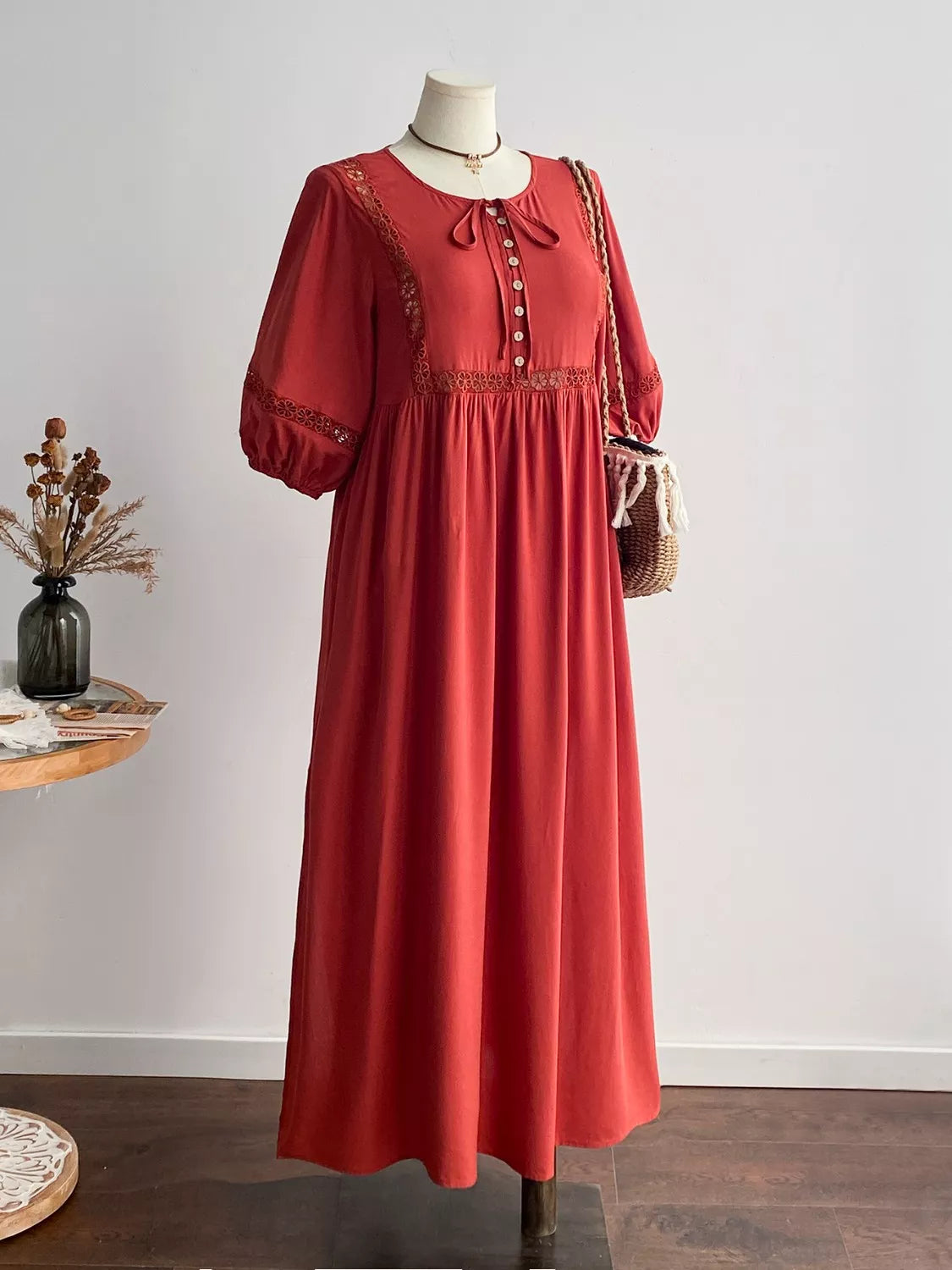 Hazel Blues® | Tie Neck Puff Sleeve Midi Dress with Lace Trim
