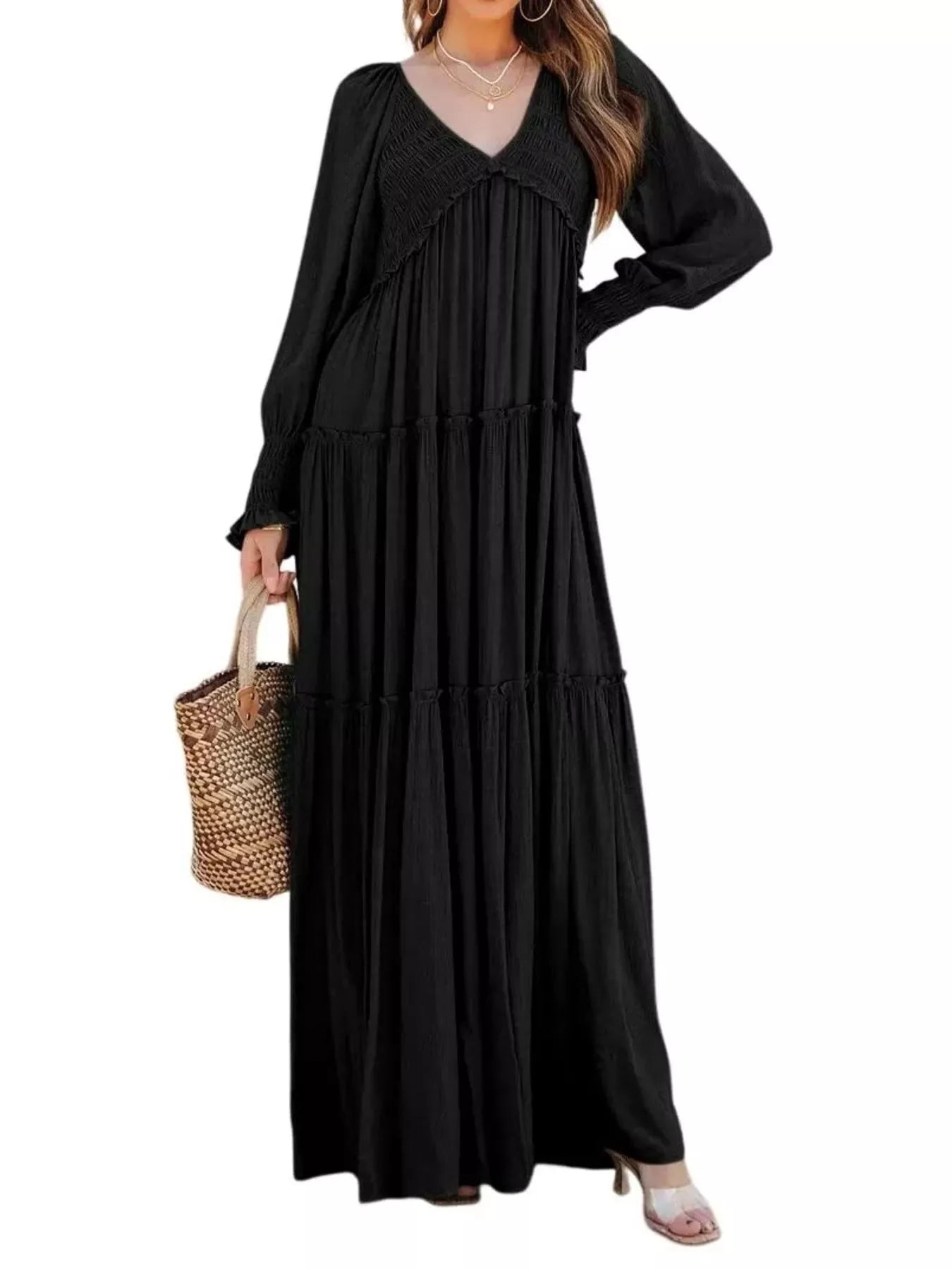 Hazel Blues® |  V-Neck Long Sleeve Tiered Maxi Dress