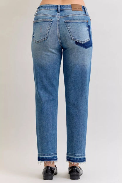 Hazel Blues® | Judy Blue Mid Rise Bf Patch & Repair Destroy Release Hem Jeans