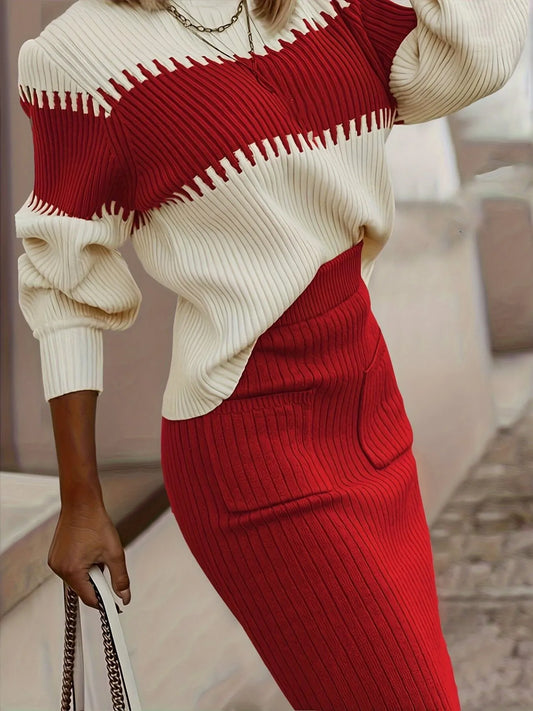 Hazel Blues® |  Two-Tone Ribbed Knit Top and Skirt Sweater Set