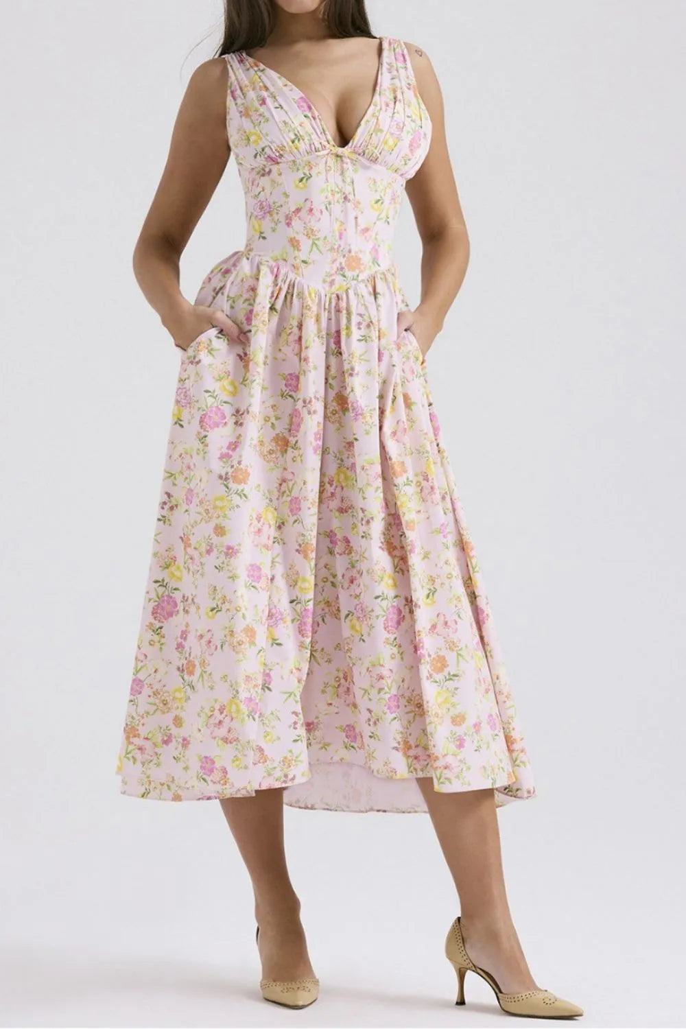 Hazel Blues® |  Floral V-Neck Sleeveless Midi Dress with Pockets