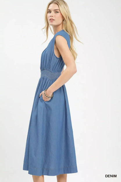 Hazel Blues® |  Umgee Denim Sleeveless Zip-Front Smocked Waist Midi Dress