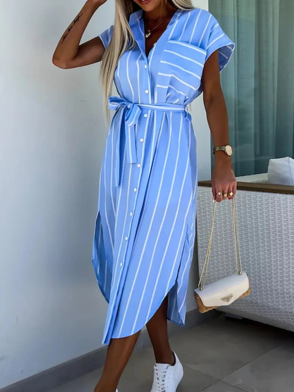 Hazel Blues® |  Striped Tie Waist Short Sleeve Dress