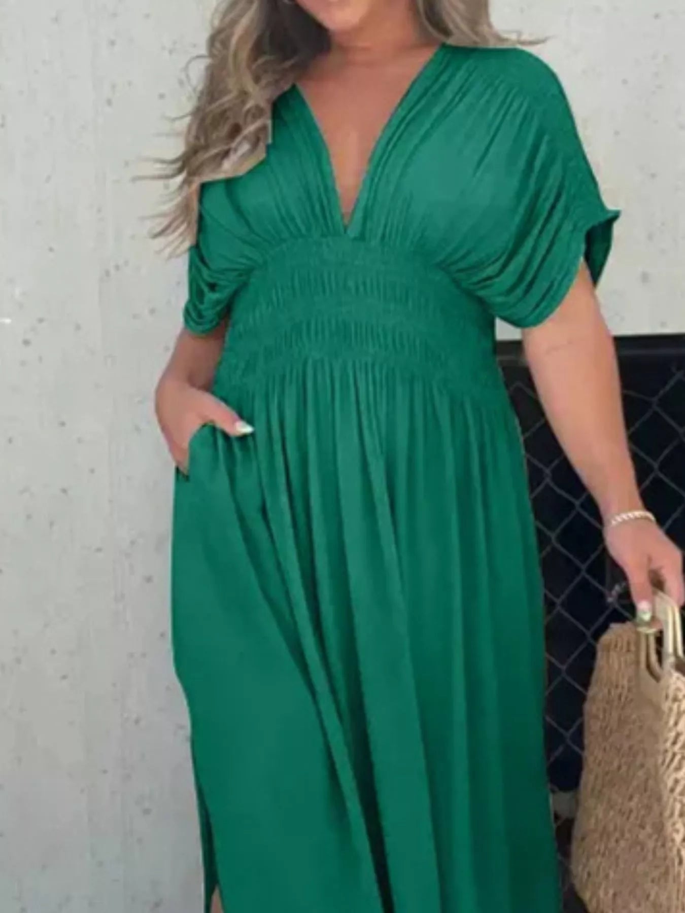 Hazel Blues® | Slit V-Neck Smocked Waist Maxi Dress