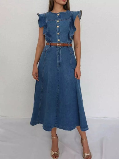 Hazel Blues® |  Ruffled Button Front Denim Dress