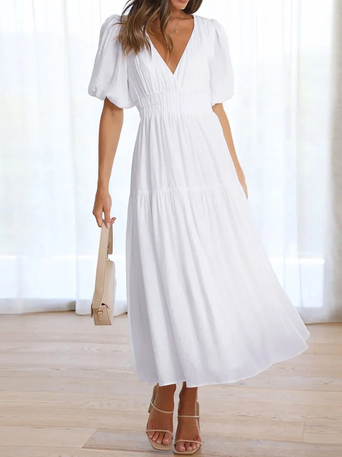 Hazel Blues® |  V-Neck Puff Sleeve Midi Dress