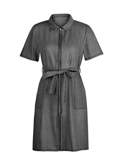 Hazel Blues® | Zip Front Short Sleeve Denim Dress