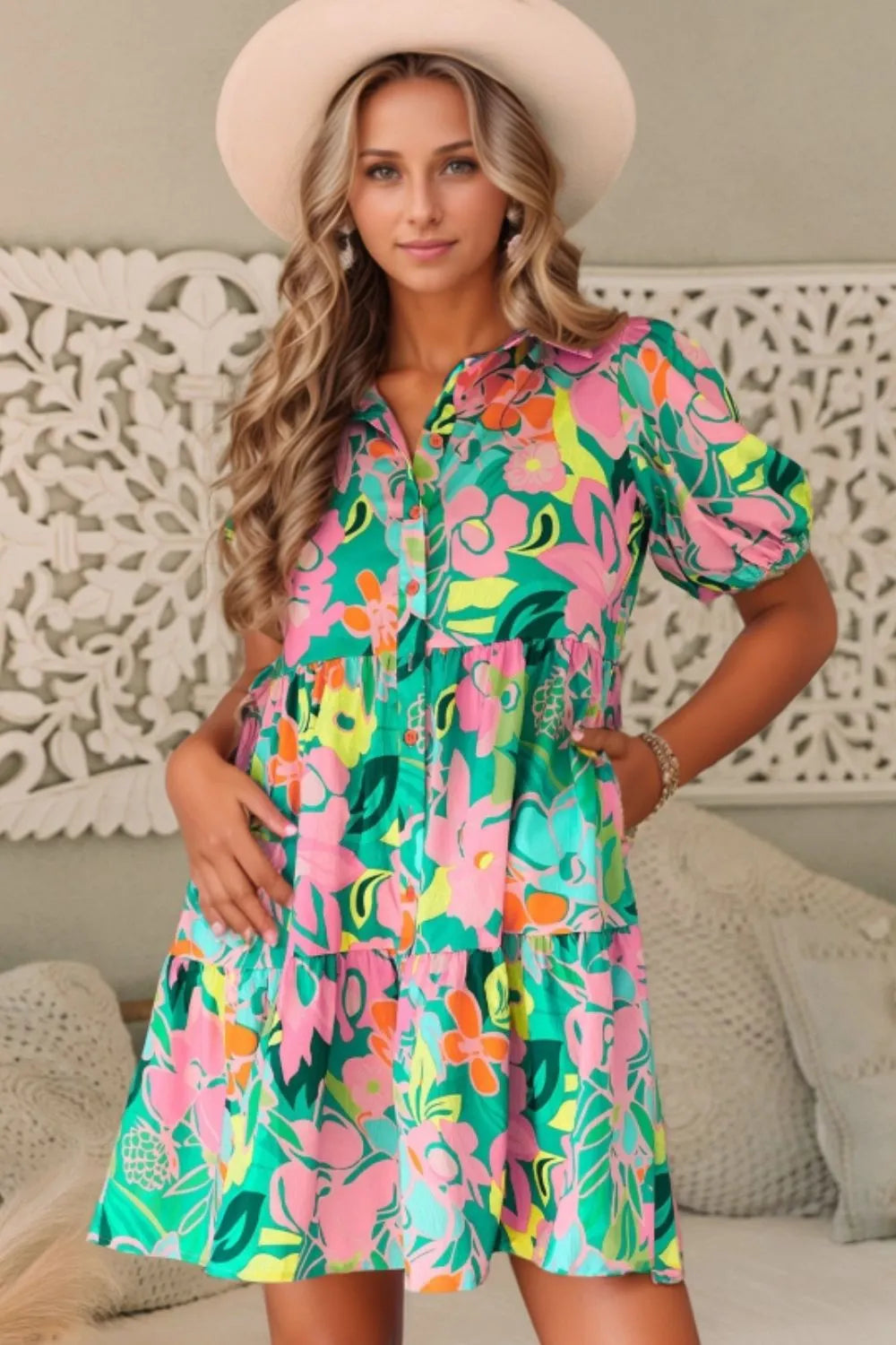 Hazel Blues® |  Button Down Floral Puff Sleeve Babydoll Dress