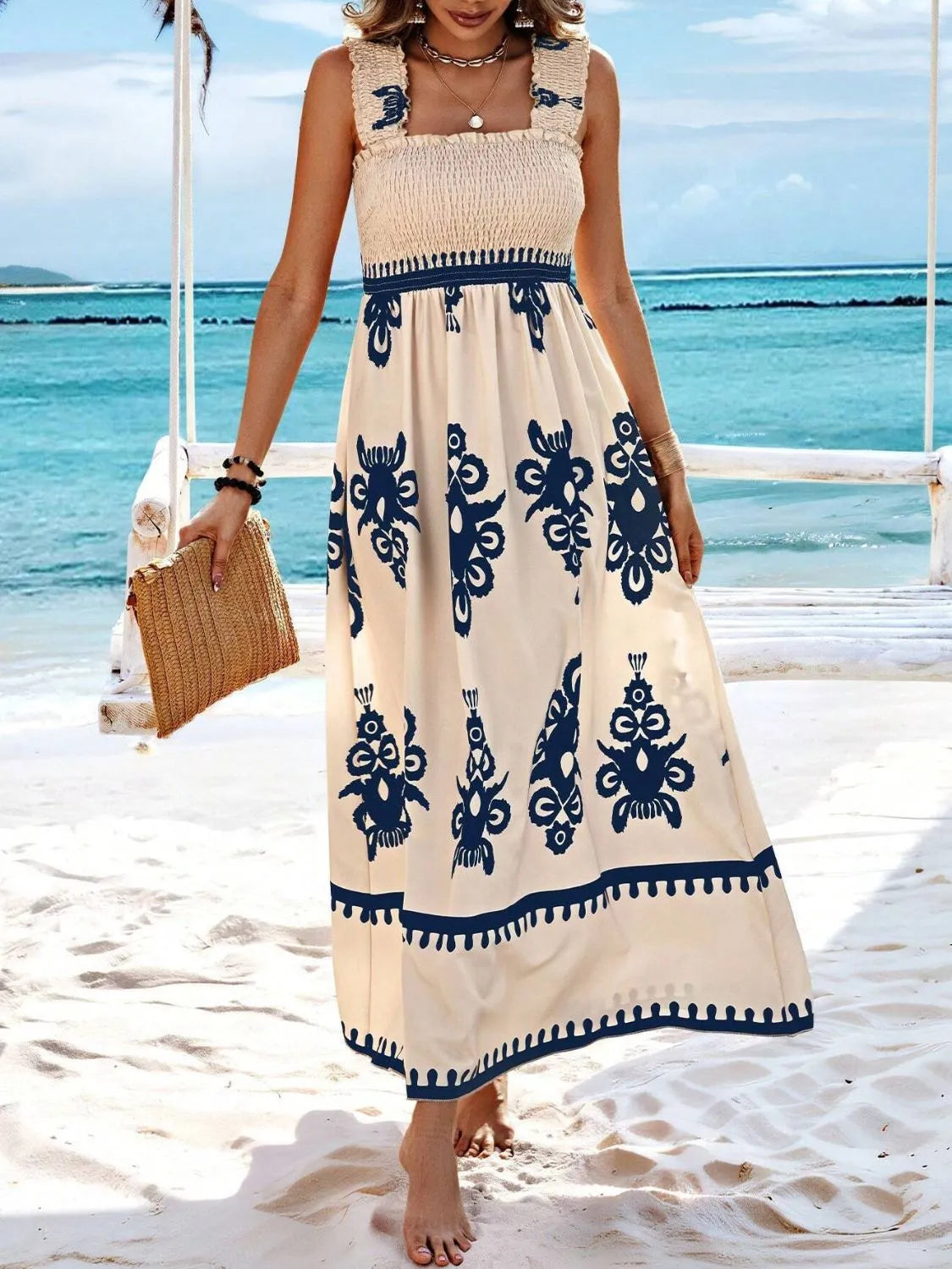 Hazel Blues® |  Smocked Printed Wide Strap Maxi Dress