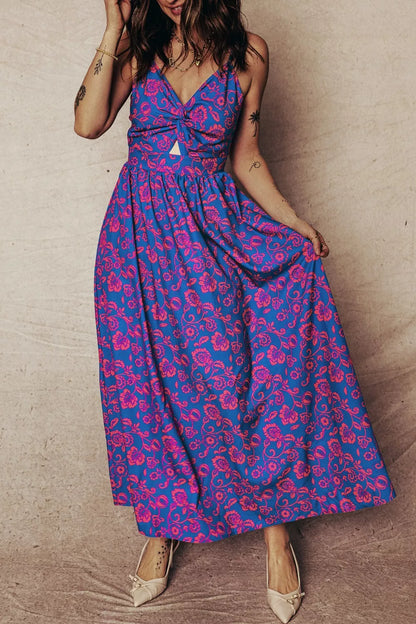Hazel Blues® |  Floral Print Twisted V Neck Tied Backless Maxi Dress