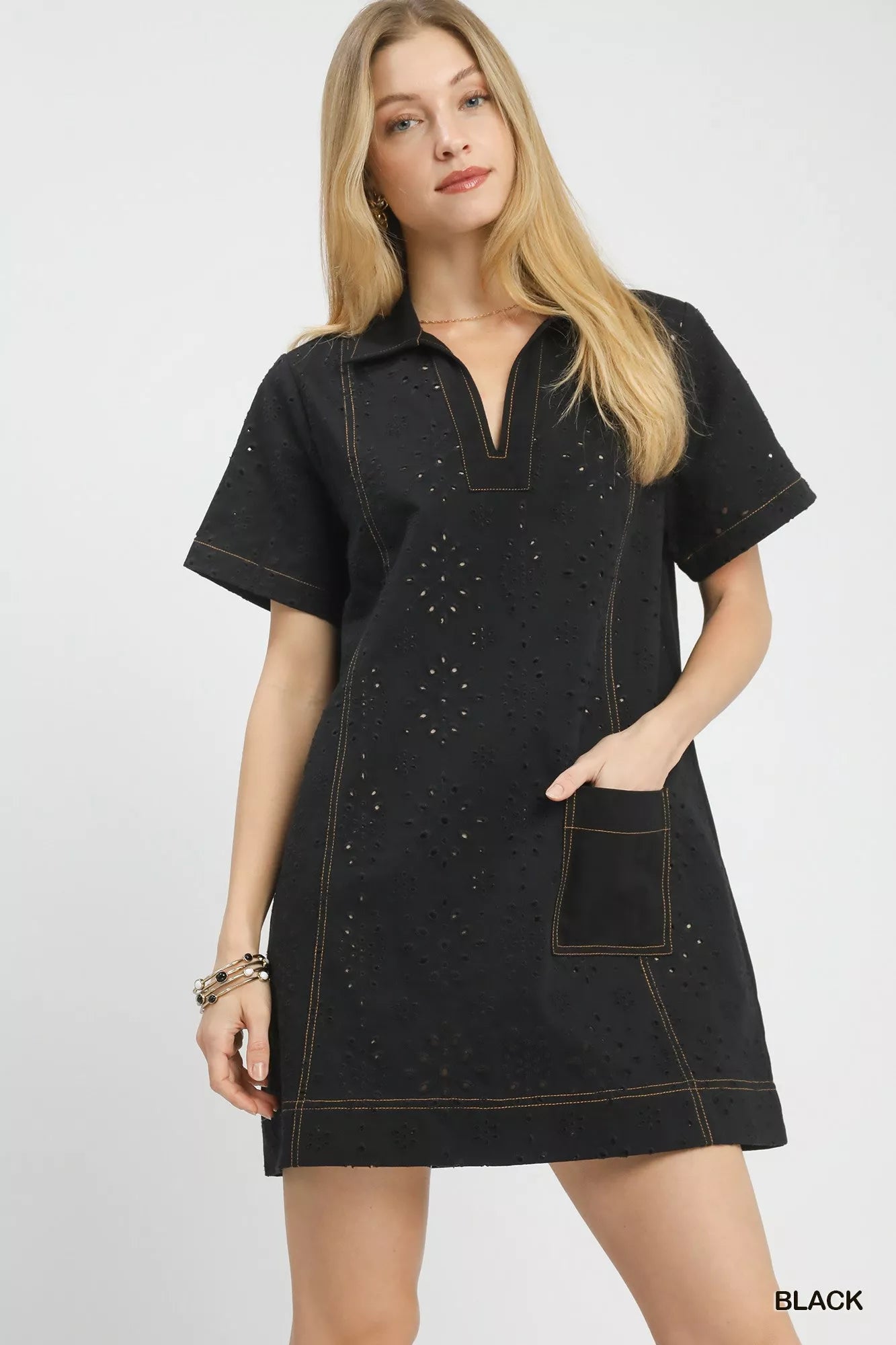 Hazel Blues® |  Umgee Eyelet Short Sleeve Shift Dress with Pocket