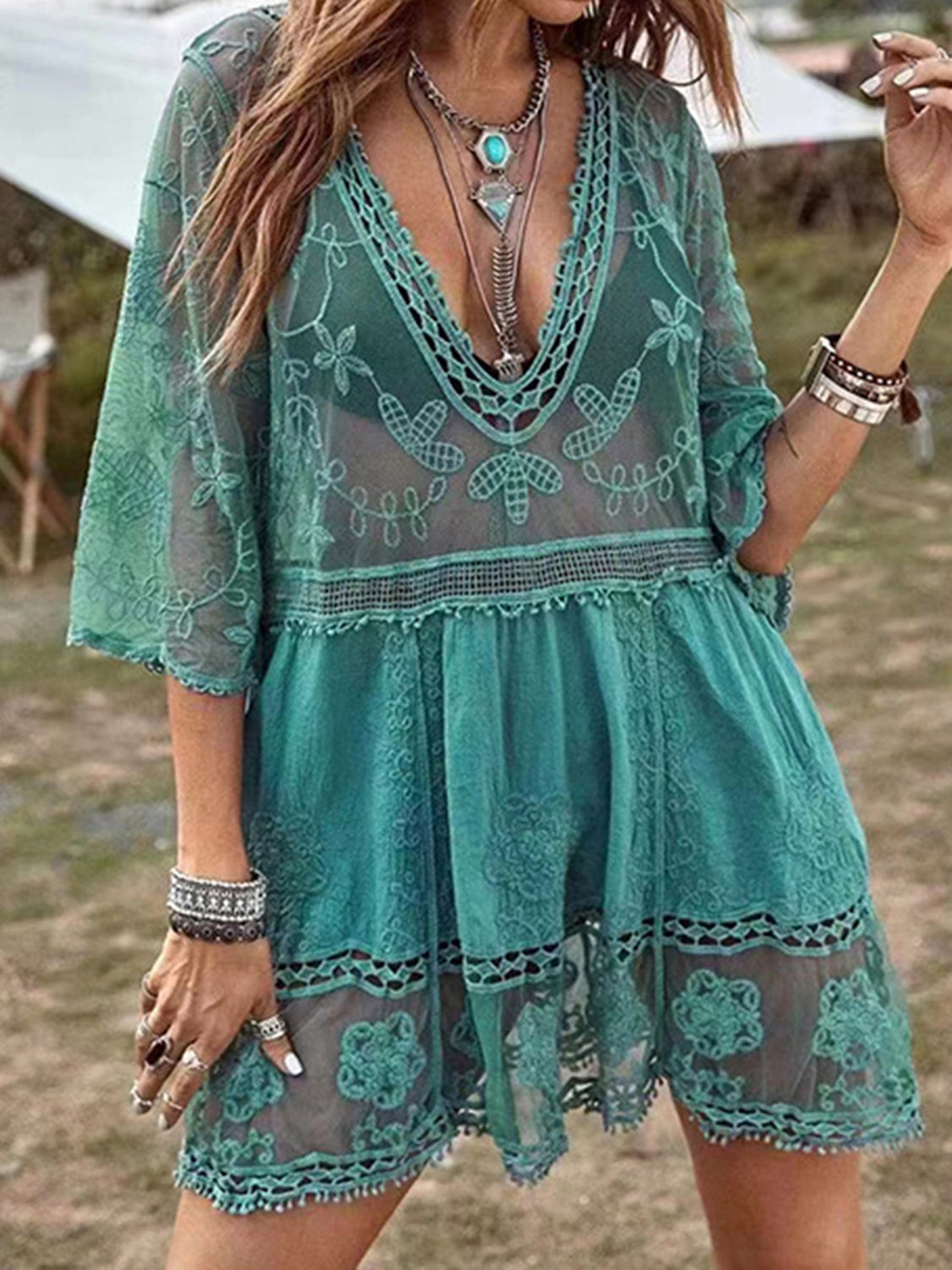 Hazel Blues® | Lace Detail Plunge Cover-Up Dress