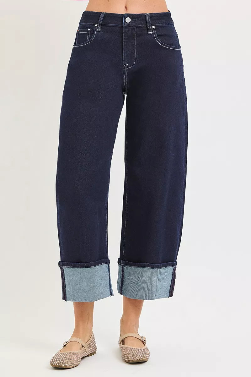 Hazel Blues® |  RISEN Slouchy Crop Barrel Cuffed Hem Jeans