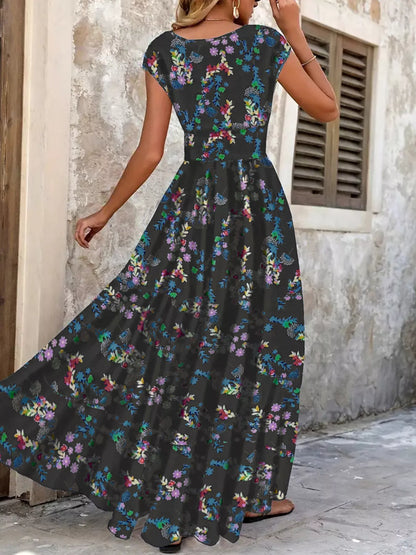 Hazel Blues® | Floral V-Neck Cap Sleeve Maxi Dress