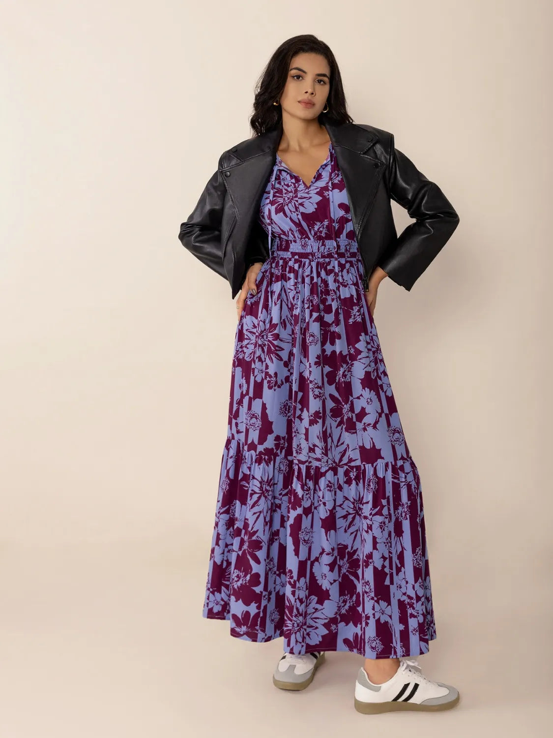 Hazel Blues® |  Printed Tie Neck Balloon Sleeve Maxi Dress