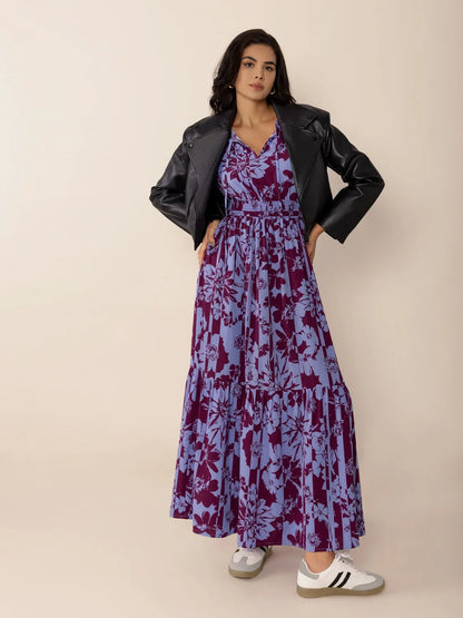 Hazel Blues® |  Printed Tie Neck Balloon Sleeve Maxi Dress