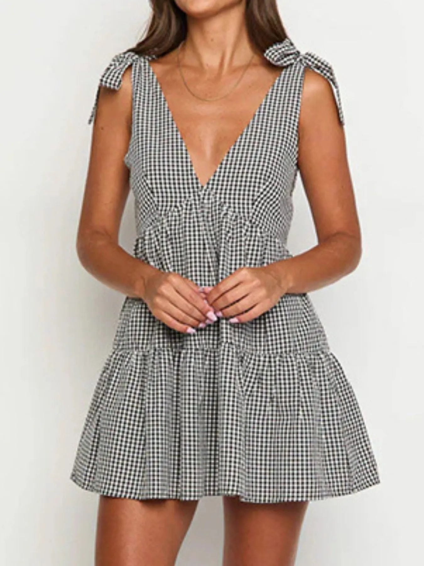 Hazel Blues® |  Gingham Tie Shoulder Mini Dress