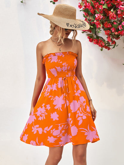 Hazel Blues® |  Floral Frill Trim Strapless Smocked Dress