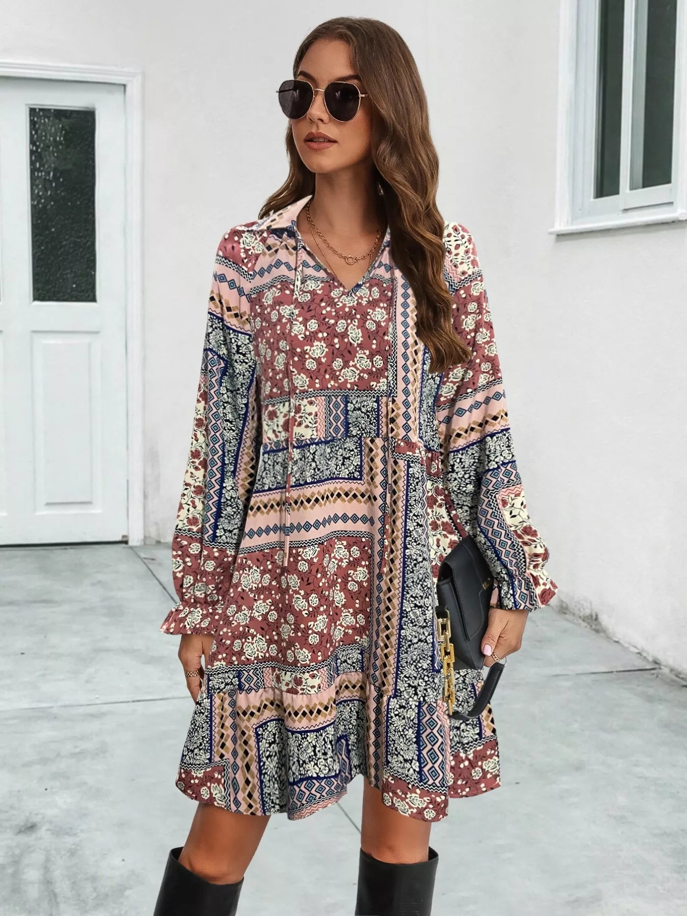 Hazel Blues® |  Boho Floral Print Long Sleeve Mini Dress