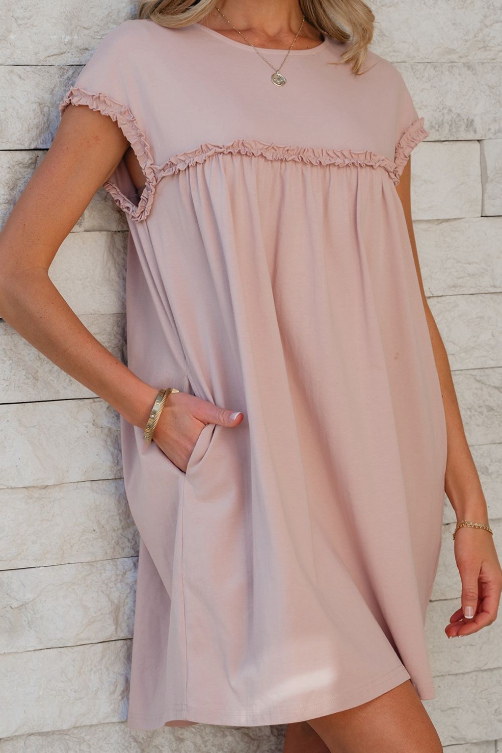 Hazel Blues® |  Frilled Trim Crew Neck Cap Sleeve Loose Fit Mini Dress
