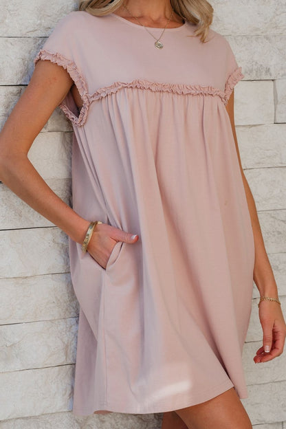 Hazel Blues® |  Frilled Trim Crew Neck Cap Sleeve Loose Fit Mini Dress