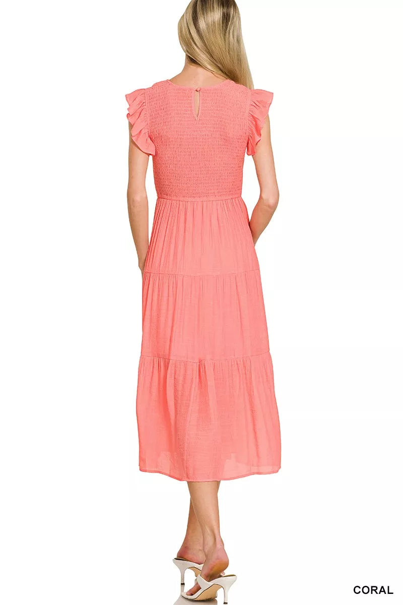Hazel Blues® |  Zenana Woven Smocked Ruffle Sleeve Midi Dress