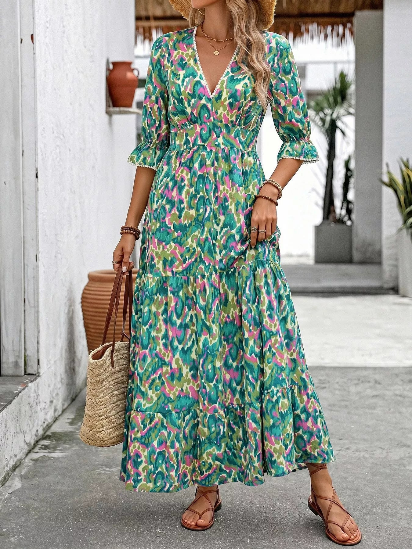 Hazel Blues® |  Printed V-Neck Flounce Sleeve Dress