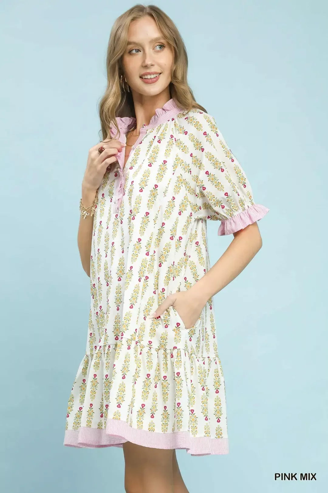 Hazel Blues® |  Umgee Striped Trim Floral Tiered Mini Dress
