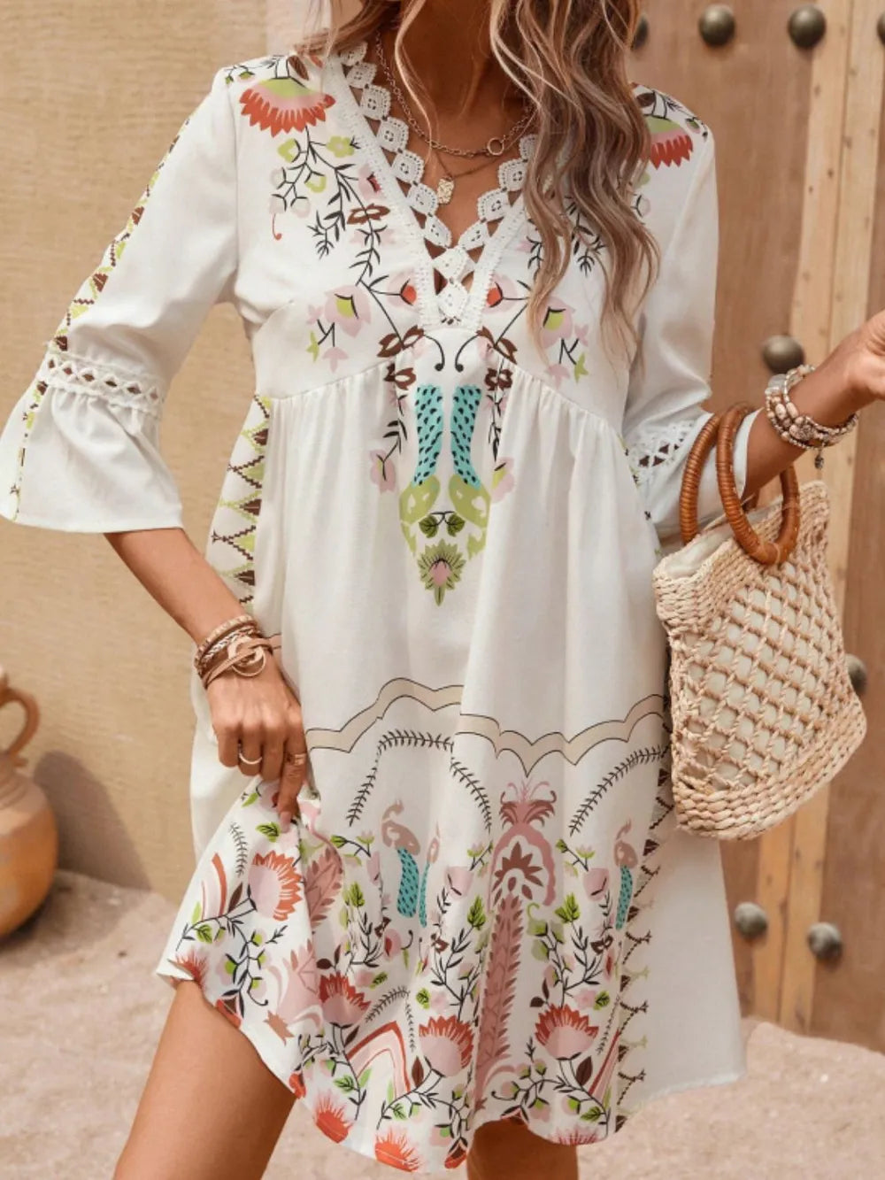 Hazel Blues® |  Lace Detail Printed Three-Quarter Sleeve Dress