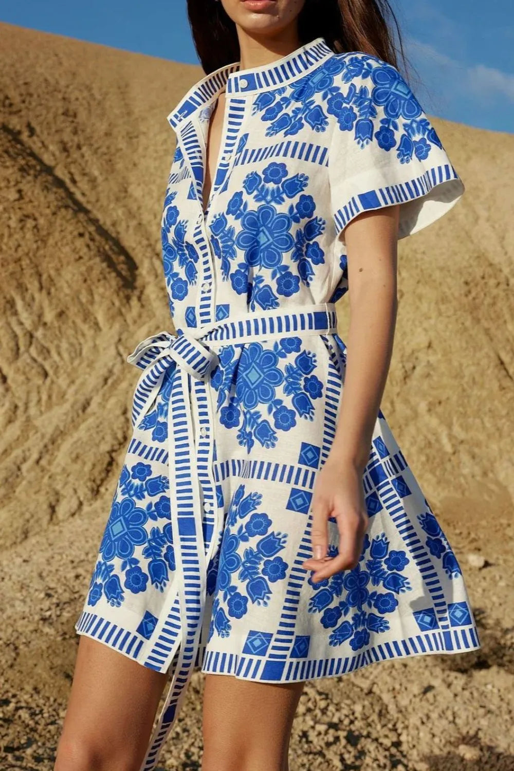 Hazel Blues® |  Printed Tie Waist Short Sleeve Dress