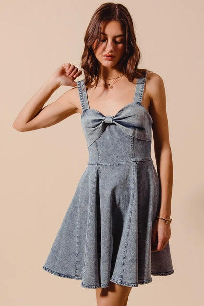 Hazel Blues® |  SO ME Mineral Washed Bow Ribbon Denim Flare Dress